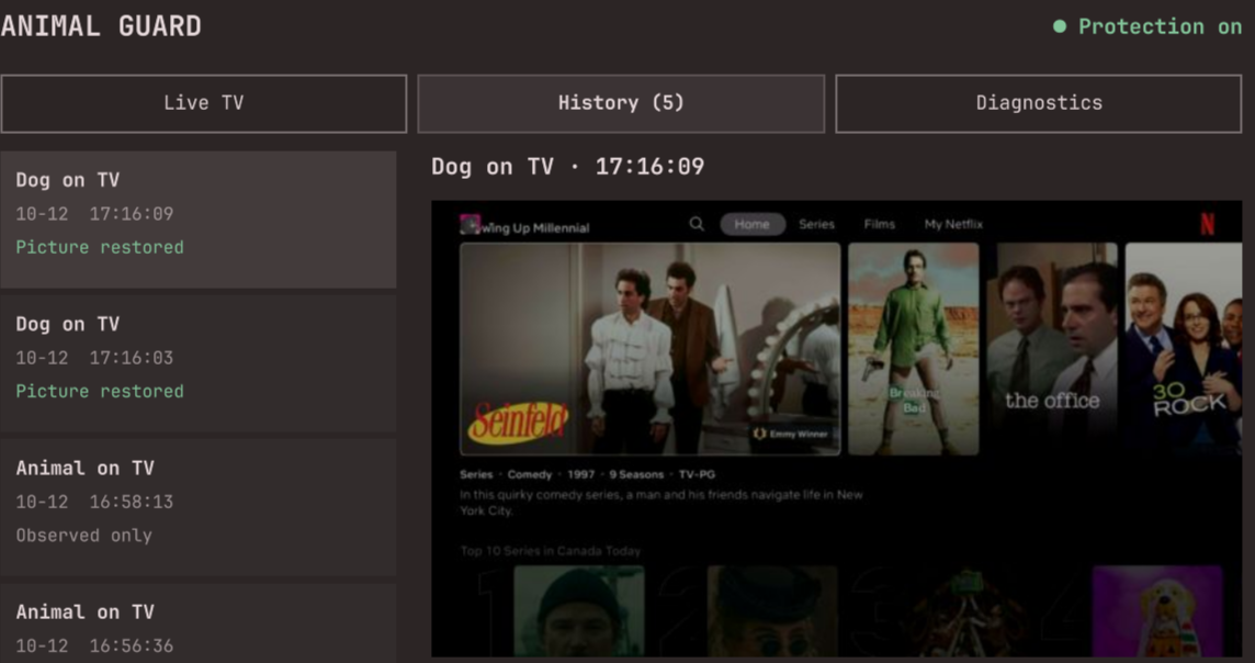 An early Animal Guard history view showing a dog caught in a small Netflix menu thumbnail